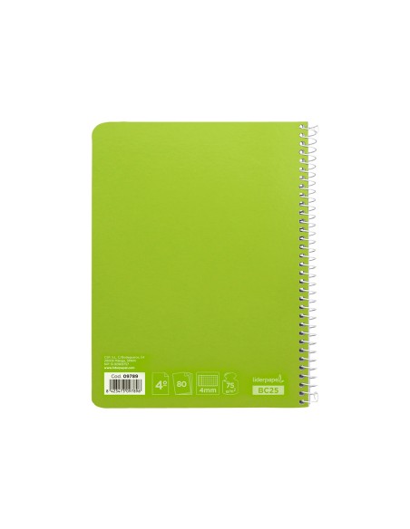 Cuaderno espiral liderpapel cuarto witty tapa dura 80h 75gr cuadro 4mm con margen color verde