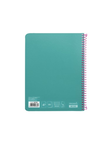 Cuaderno espiral liderpapel cuarto witty tapa dura 80h 75gr cuadro 4mm con margen color turquesa