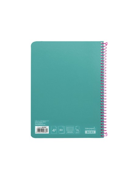 Cuaderno espiral liderpapel cuarto witty tapa dura 80h 75gr cuadro 4mm con margen color turquesa