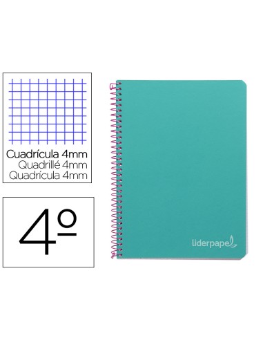 Cuaderno espiral liderpapel cuarto witty tapa dura 80h 75gr cuadro 4mm con margen color turquesa