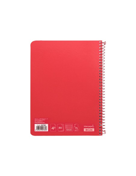 Cuaderno espiral liderpapel cuarto witty tapa dura 80h 75gr cuadro 4mm con margen color rojo