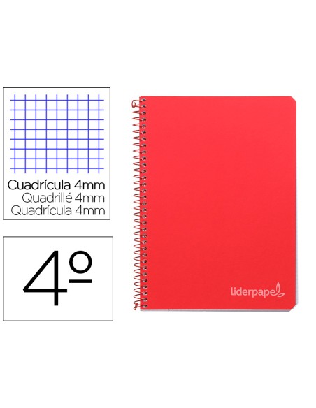 Cuaderno espiral liderpapel cuarto witty tapa dura 80h 75gr cuadro 4mm con margen color rojo