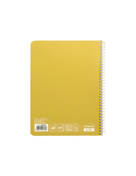 Cuaderno espiral liderpapel cuarto witty tapa dura 80h 75gr cuadro 4mm con margen color amarillo
