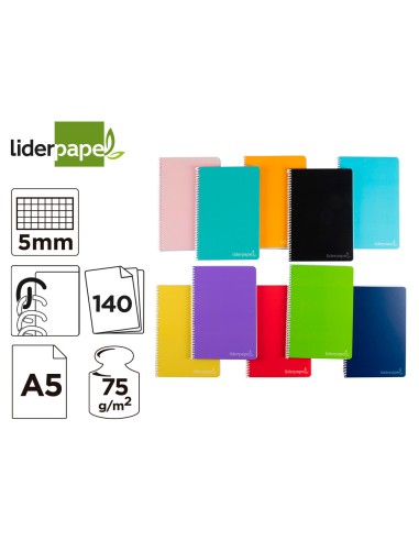 Cuaderno espiral liderpapel a5 micro witty tapa dura 140h 75gr cuadro 5mm 5 bandas 6 taladros colores surtidos