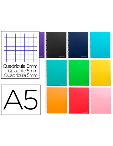 Cuaderno espiral liderpapel a5 micro jolly tapa forrada 140h 75 gr cuadro 5mm 5 bandas6 taladros colores surtidos