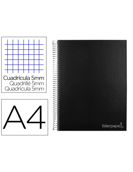 Cuaderno espiral liderpapel a4 micro jolly tapa forrada 140h 75 gr cuadro 5mm 5 bandas 4 taladros color negro