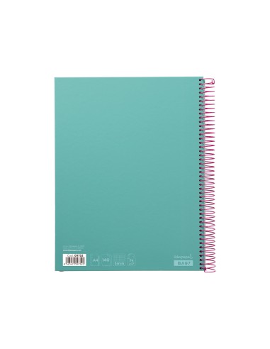 Cuaderno espiral liderpapel a4 micro jolly tapa forrada 140h 75 gr cuadro 5mm 5 bandas4 taladros color turquesa