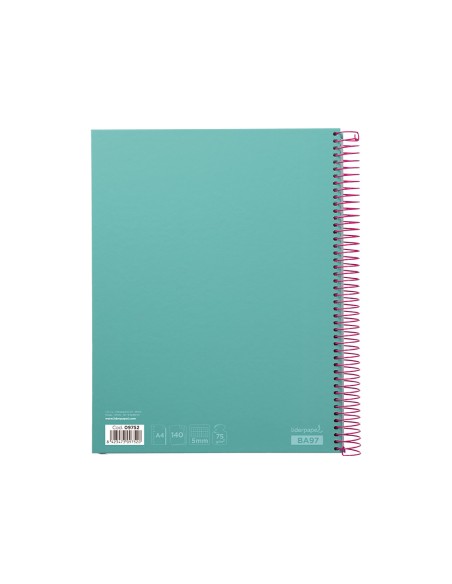 Cuaderno espiral liderpapel a4 micro jolly tapa forrada 140h 75 gr cuadro 5mm 5 bandas4 taladros color turquesa