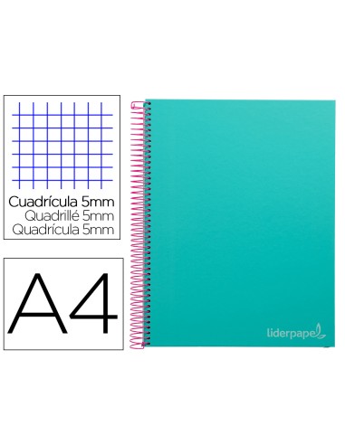 Cuaderno espiral liderpapel a4 micro jolly tapa forrada 140h 75 gr cuadro 5mm 5 bandas4 taladros color turquesa