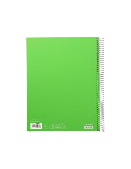 Cuaderno espiral liderpapel a4 micro jolly tapa forrada 140h 75 gr cuadro 5mm 5 bandas 4 taladros color verde