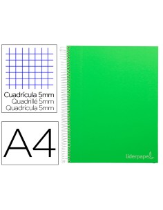 Cuaderno espiral liderpapel a4 micro jolly tapa forrada 140h 75 gr cuadro 5mm 5 bandas 4 taladros color verde
