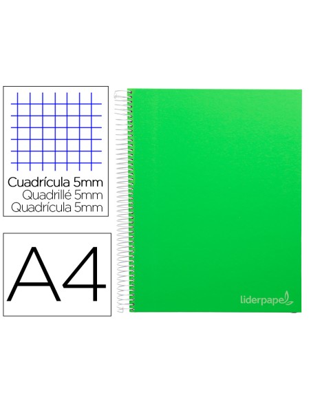 Cuaderno espiral liderpapel a4 micro jolly tapa forrada 140h 75 gr cuadro 5mm 5 bandas 4 taladros color verde