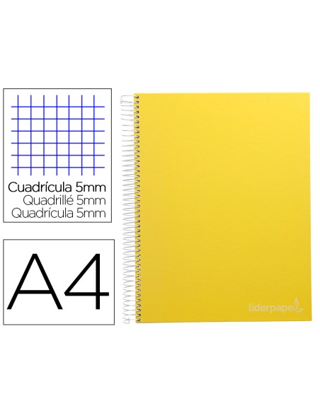 Cuaderno espiral liderpapel a4 micro jolly tapa forrada 140h 75 gr cuadro 5mm 5 bandas4 taladros color amarillo