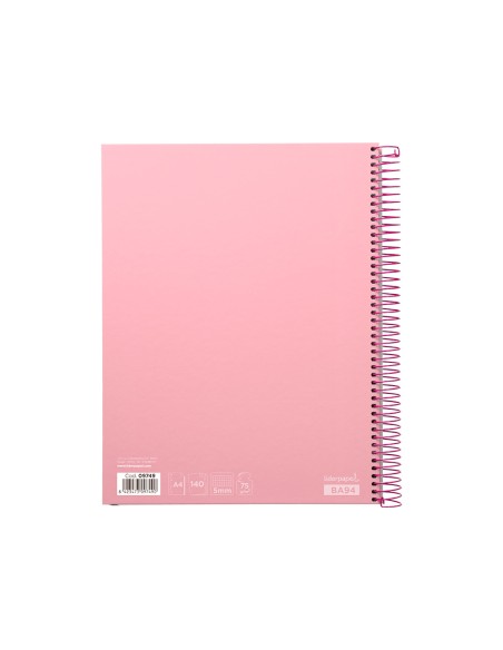 Cuaderno espiral liderpapel a4 micro jolly tapa forrada 140h 75 gr cuadro 5mm 5 bandas 4 taladros color rosa