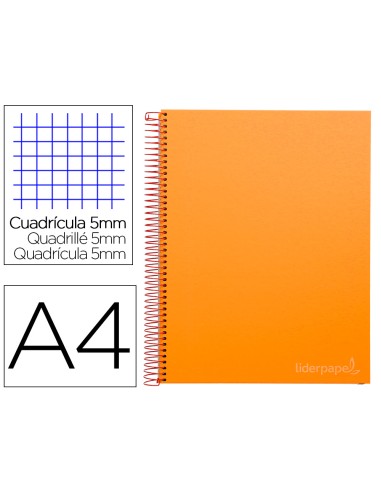 Cuaderno espiral liderpapel a4 micro jolly tapa forrada 140h 75 gr cuadro 5mm 5 bandas4 taladros color naranja