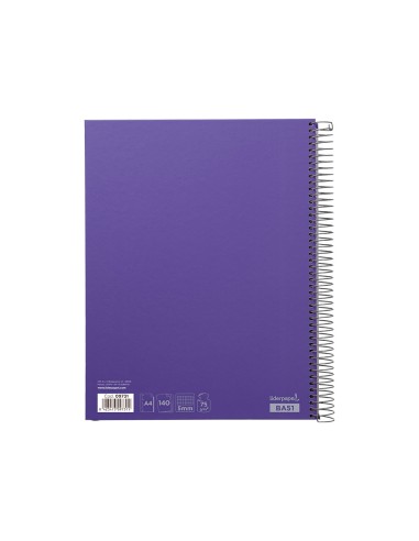 Cuaderno espiral liderpapel a4 micro jolly tapa forrada 140h 75 gr cuadro 5mm 5 bandas 4 taladros color lila