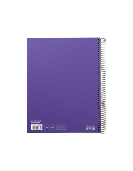 Cuaderno espiral liderpapel a4 micro jolly tapa forrada 140h 75 gr cuadro 5mm 5 bandas 4 taladros color lila