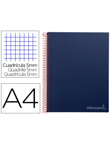 Cuaderno espiral liderpapel a4 micro jolly tapa forrada 140h 75 gr cuadro 5mm 5 bandas 4 taladros color azul