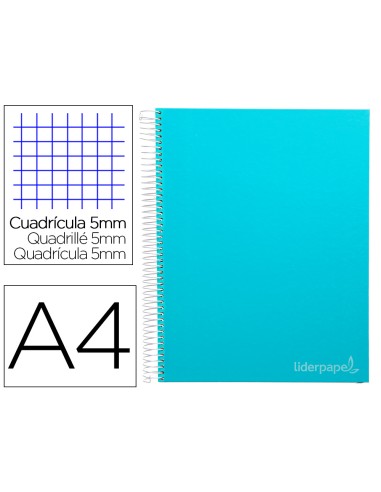 Cuaderno espiral liderpapel a4 micro jolly tapa forrada 140h 75 gr cuadro 5mm 5 bandas4 taladros color celeste