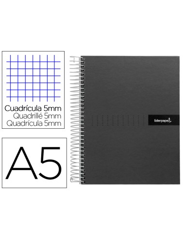 Cuaderno espiral liderpapel a5 micro crafty tapa forrada 120h 90 gr cuadro 5mm 5 bandas6 taladros color negro