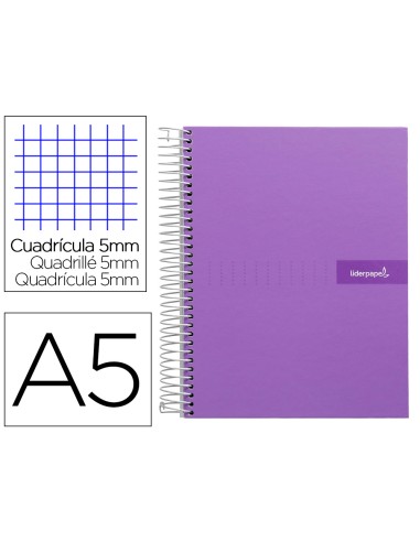 Cuaderno espiral liderpapel a5 micro crafty tapa forrada 120h 90 gr cuadro 5mm 5 bandas6 taladros color violeta