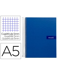 Cuaderno espiral liderpapel a5 micro crafty tapa forrada 120h 90 gr cuadro 5mm 5 bandas6 taladros color azul
