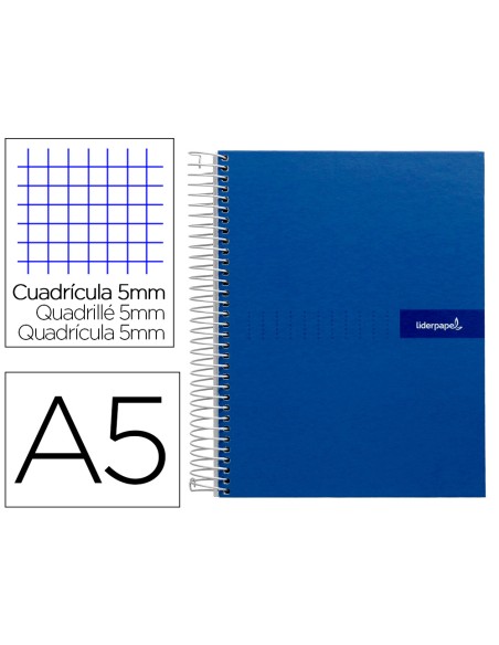 Cuaderno espiral liderpapel a5 micro crafty tapa forrada 120h 90 gr cuadro 5mm 5 bandas6 taladros color azul
