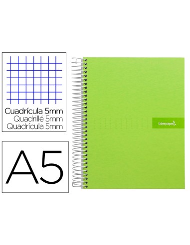 Cuaderno espiral liderpapel a5 micro crafty tapa forrada 120h 90 gr cuadro 5mm 5 bandas6 taladros color verde