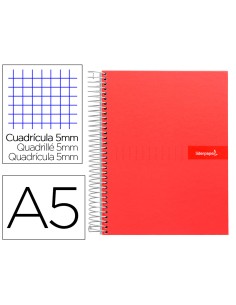 Cuaderno espiral liderpapel a5 micro crafty tapa forrada 120h 90 gr cuadro 5mm 5 bandas6 taladros color rojo