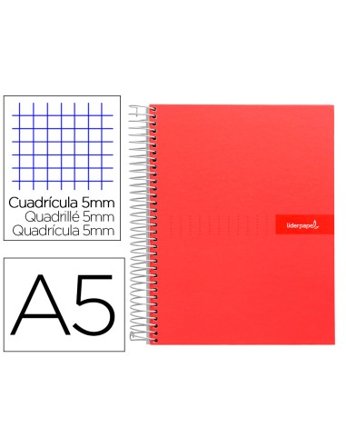 Cuaderno espiral liderpapel a5 micro crafty tapa forrada 120h 90 gr cuadro 5mm 5 bandas6 taladros color rojo