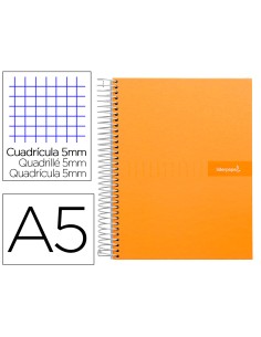 Cuaderno espiral liderpapel a5 micro crafty tapa forrada 120h 90 gr cuadro 5mm 5 bandas6 taladros color naranja