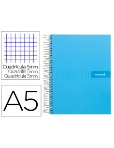 Cuaderno espiral liderpapel a5 micro crafty tapa forrada 120h 90 gr cuadro 5mm 5 bandas6 taladros color celeste