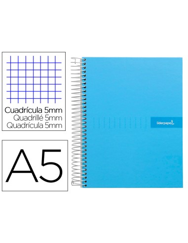 Cuaderno espiral liderpapel a5 micro crafty tapa forrada 120h 90 gr cuadro 5mm 5 bandas6 taladros color celeste