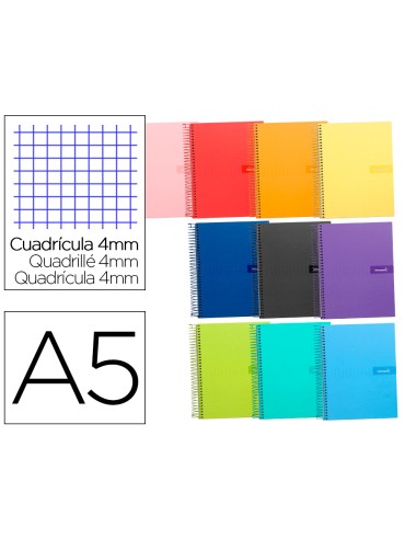 Cuaderno espiral liderpapel a5 crafty tapa forrada 80h 90 gr cuadro 4 mm con margen colores surtidos