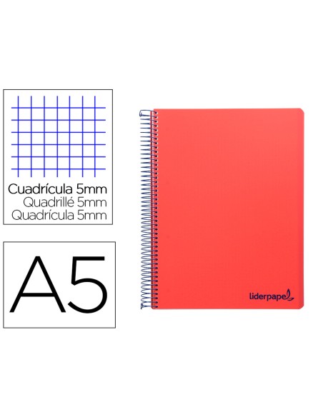 Cuaderno espiral liderpapel a5 micro wonder tapa plastico 120h 90g cuadro 5mm 5 bandas 6 taladros color rojo