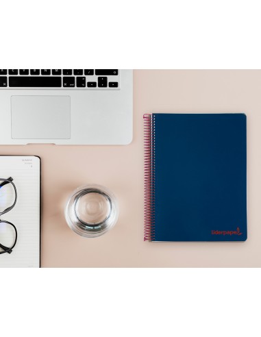 Cuaderno espiral liderpapel a5 micro wonder tapa plastico 120h 90g cuadro 5mm 5 bandas 6 taladros color azul marino