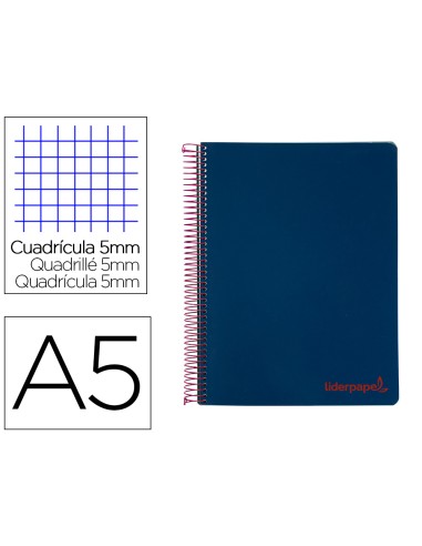 Cuaderno espiral liderpapel a5 micro wonder tapa plastico 120h 90g cuadro 5mm 5 bandas 6 taladros color azul marino