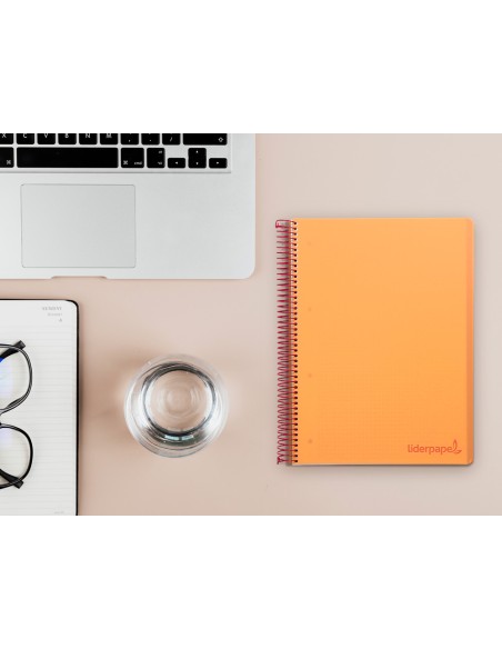 Cuaderno espiral liderpapel a5 micro wonder tapa plastico 120h 90g cuadro 5mm 5 bandas 6 taladros color naranja