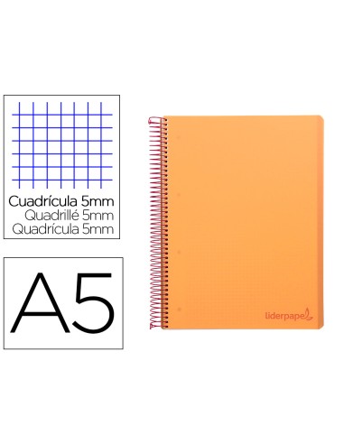 Cuaderno espiral liderpapel a5 micro wonder tapa plastico 120h 90g cuadro 5mm 5 bandas 6 taladros color naranja