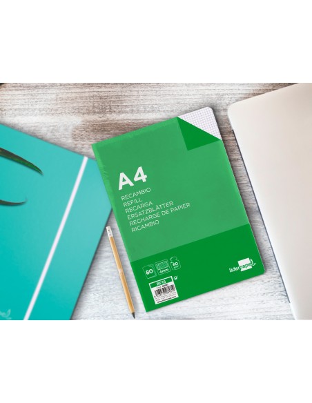 Recambio liderpapel a4 80 hoja 60g m2 cuadro 4 mm con margen 4 taladros