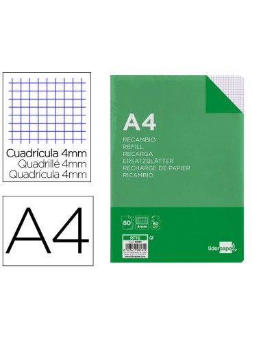 Recambio liderpapel a4 80 hoja 60g m2 cuadro 4 mm con margen 4 taladros