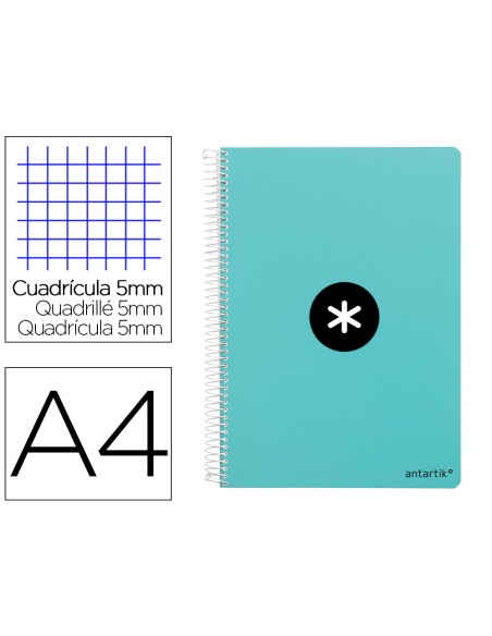 Cuaderno espiral liderpapel a4 micro antartik tapa dura 80h 100 gr cuadro 5mm sin bandas 4 taladros color menta