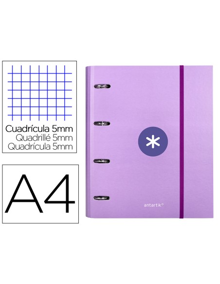 Carpeta con recambio antartik a4 cuadro 5mm forrada 4 anillas 40mm redondas color lavanda