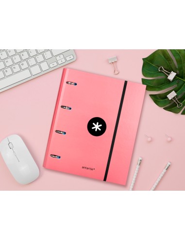 Carpeta con recambio antartik a4 cuadro 5mm forrada 4 anillas 40mm redondas color coral