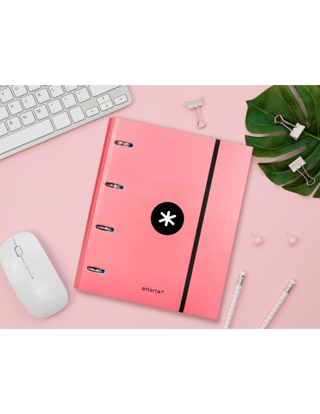 Carpeta con recambio antartik a4 cuadro 5mm forrada 4 anillas 40mm redondas color coral