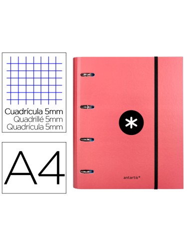 Carpeta con recambio antartik a4 cuadro 5mm forrada 4 anillas 40mm redondas color coral