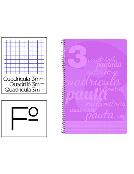 Cuaderno espiral liderpapel folio pautaguia tapa plastico 80h 75gr cuadro pautado 3mm con margen color violeta