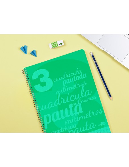 Cuaderno espiral liderpapel folio pautaguia tapa plastico 80h 75gr cuadro pautado 3mm con margen color verde