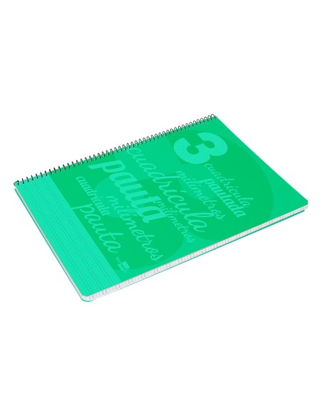 Cuaderno espiral liderpapel folio pautaguia tapa plastico 80h 75gr cuadro pautado 3mm con margen color verde