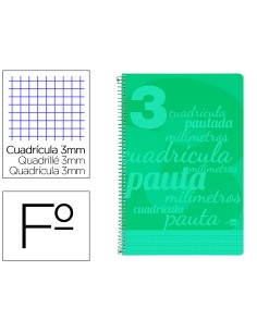 Cuaderno espiral liderpapel folio pautaguia tapa plastico 80h 75gr cuadro pautado 3mm con margen color verde